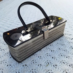 Vtg MW Hand Bag Black Lucite Chrome Metal Body Art Deco Box Rectangle Purse - Picture 1 of 10
