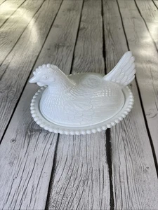 *Vintage Milk Glass Chicken in a Basket Glass 7” Hen Nest Bowl Lid. Pre-Owned. - Picture 1 of 13