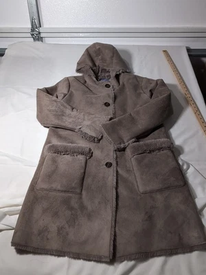 Laura Scott Jacket Suede Faux Fur Lining Button Up Hooded Tan Women’s Size Large - Image 1 of 4