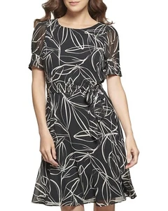 NWT DKNY Printed Short Puff Sleeve A-Line Tie Waist Dress size 4 Black Vanilla - Picture 1 of 3