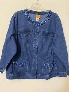 RUBY RD DENIM JACKET EMBELLISHED NECKLINE/POCKETS RETRO ROCKABILLY WORK ART 20W - Picture 1 of 12