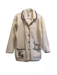 Vintage Teddi Fleece Jacket Womans Size PL Trees Deer Soft Embroidered Buttons - Picture 1 of 11