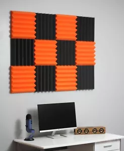 2" Orange & Black Acoustic Wedge Soundproofing Studio Foam Tiles 12 Pack - Picture 1 of 4
