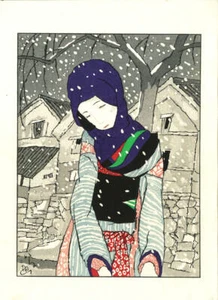 Takehisa Yumeji Vintage Estampado en Madera Leyenda de la Noche Nievada - Imagen 1 de 10
