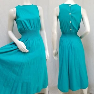 Vintage 1980/90's Turquoise Cotton Smocked Waist Button Back DRESS - Size S - Picture 1 of 9