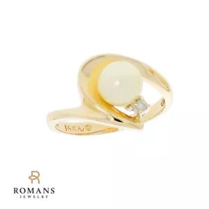 Curving Cultured Pearl & Natural Diamond Ring 14K Yellow Gold - Picture 1 of 3