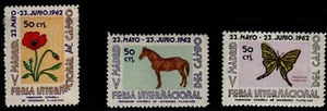 SPAIN 1962 MADRID FAIR ,HORSE, BUTTERFLY, FLOWER THREE STAMPS MNH  - Picture 1 of 4