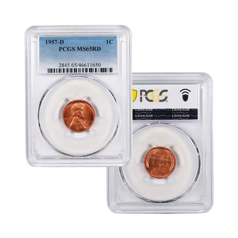 1957-D MS65 Lincoln Cent Wheat Penny, RED, PCGS Mintstate 65 RD Cover