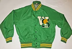 VINTAGE NC HIGH SCHOOL BAND GREEN NYLON JACKET! PATCHES & GRAPHICS/SNAP-UP/USA/L - Picture 1 of 14