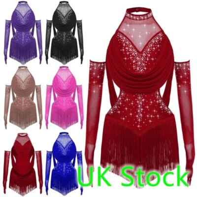 Kid Girls Ruched Mesh Latin Fringe Tassel Samba Rumba Jazz Dance Bodysuit UK - Image 1 of 4