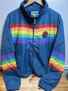 Tipsy Elves Retro Rainglow Jacket - Blue Rainbow Striped Windbreaker Size L NWOT - Picture 1 of 6