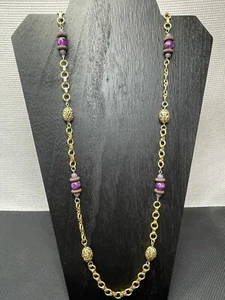 Vintage 40" lila/gold Perlen Halskette Modeschmuck - über Kopf/ohne Verschluss - Bild 1 von 6