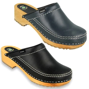 Unique BLACK NAVY KLOGGA QUALITY WOODEN CLOGS Swedish design Real Leather Men - Zdjęcie 1 z 17