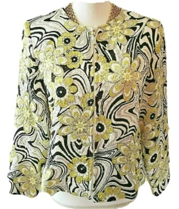 Neu mit Etikett Soft Works Petites Damenjacke grün gelb Blumenmuster Perlen Reißverschluss Größe 6 - Bild 1 von 7