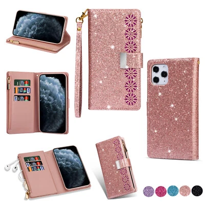 Bling Leather Cover For iPhone 11 12 13 Pro 14 XR 8 7 16 Plus Zipper Wallet Case - Image 1 of 4