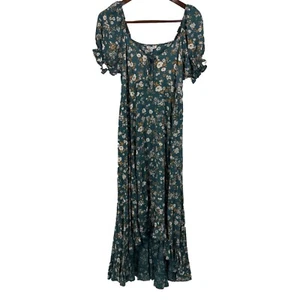 Patrons of Peace Women Maxi Dress Large Green Floral High Low Boho Hippie Ruffle - Picture 1 of 10