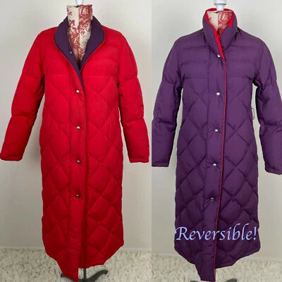 ABRIGO DE PLUMÓN REVERSIBLE de colección trinchera larga acolchado PÚRPURA ROJO acolchado relleno de plumas de pato Foto 1 de 4