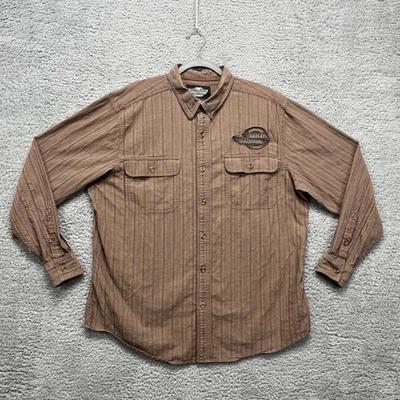 Camisa masculina Harley-Davidson extra grande marrom listrada bordada com botões - Imagem 1 de 4