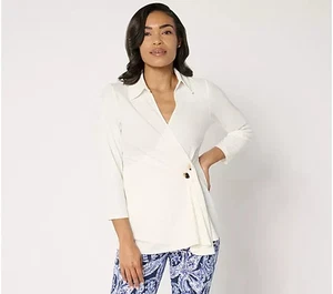 Susan Graver Liquid Knit Faux-Wrap Cascade Top-Cream Petal-XXS A677174 NEU - Bild 1 von 1