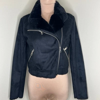 Romeo + Juliet Moto 夹克中号女式人造毛皮麂皮绒黑色骑手冬季拉链  — 第 1/4 张图片