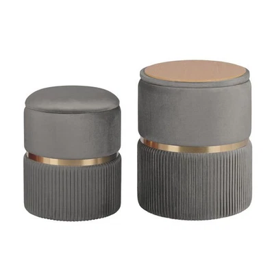 2x side table storage ottoman - velvet padded stool vanity footstool remi grey - image 1 of 4