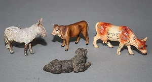 4 alte Massefiguren Tierfiguren für Bauernhof Kuh Esel Hund # 453 - Bild 1 von 6