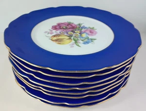 8 Plates Blue w/ Floral Pattern Made in Czechoslovakia 661/6065 13 Set of 8 - Picture 1 of 13