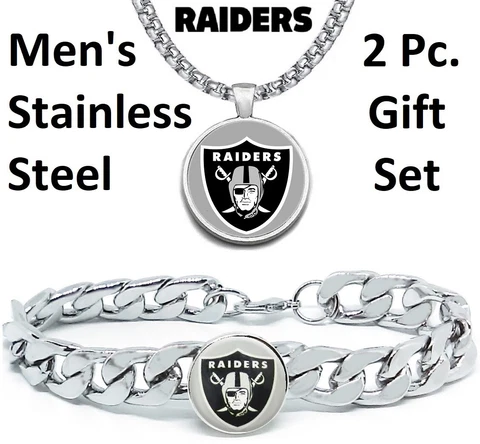 Las Vegas Oakland Raiders Mens Gift Set Stainless 24" Necklace Bracelet D4D30 Cover
