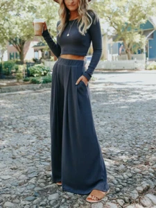 Women Elegant 2Pcs Outfit Casual Jumpsuit Long Sleeve Crop Top + Wide Leg Pants - Picture 1 of 12