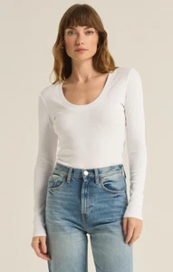 Z Supply Sirena Ribbed Scoop-Neck Tee Sz XS Fitted White Long Sleeve T-Shirt Top - Picture 1 of 5