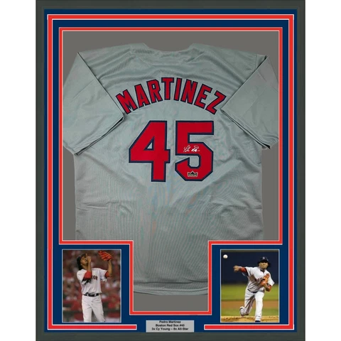 Framed Facsimile Autographed Pedro Martinez 33x42 Grey Reprint Laser Auto Jersey Cover