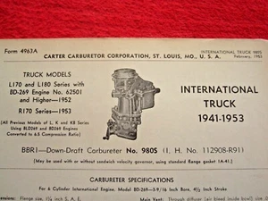1941-1953 INTERNATIONAL TRUCK CARTER BBR1 CARBURETOR SPEC INFO SHEET - Picture 1 of 1