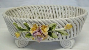 Antiq. Bassano Oval Bowl 7.5" Latticework & applied Flowers Italy Granny Chic - Picture 1 of 7