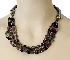 Signierte SX Sterling Silber 925 5 Strang Regenbogen Turmalin Perlen Halskette - Bild 1 von 22