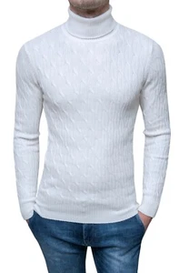 Maglione dolcevita uomo bianco invernale a trecce slim fit in lana S M L XL XXL - Foto 1 di 4