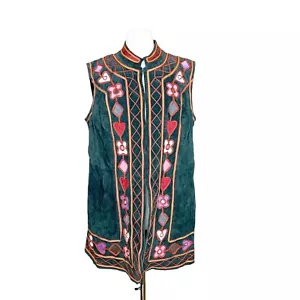NEW Vintage 1X Adrienne Landau Green Suede Vest Embroidered Duster Jacket Boho - Picture 1 of 11