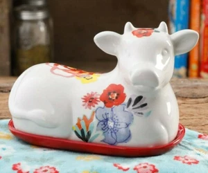 Pionierin Steinzeug Flohmarkt bedeckt Kuh Butterdose Blumen gepunktet NEU - Bild 1 von 3