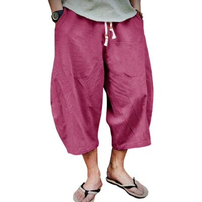 Pantalones cortos deportivos de yoga calce holgado informales de verano para hombre de 3/4 de longitud de algodón y lino Foto 1 de 4