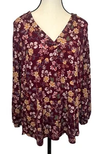 Vince Camuto BURGUNDY Multicolor Floral V-Neck 3/4 Sleeve Top XL Career Casual - Picture 1 of 9
