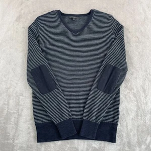 John Varvatos USA Sweater Men Medium Navy Grey Elbow Patch Linen Blend V Neck - Picture 1 of 7