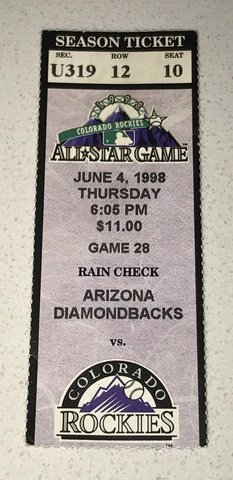 6/4/98 Arizona Diamondbacks Colorado Rockies Coors Field Game Used Ticket Stub Cover