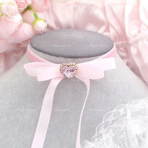 Coquette Baby Pink Velvet Satin Long bow choker necklace , Rhinestone Heart bow - Picture 1 of 5