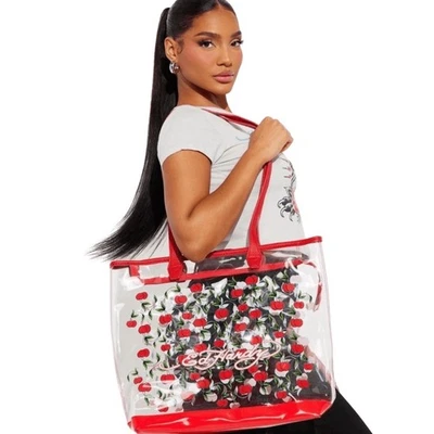 Bolso de Mano Ed Hardy Cerezas Rojas Transparente - 17” x 14” x 6” PVC Y2K Doble Asas Foto 1 de 4