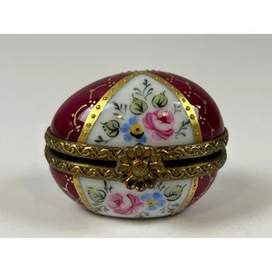 Limoges Frankreich handbemalte Ei Schmuckschatulle - florale Tafeln, Goldrand - Bild 1 von 11