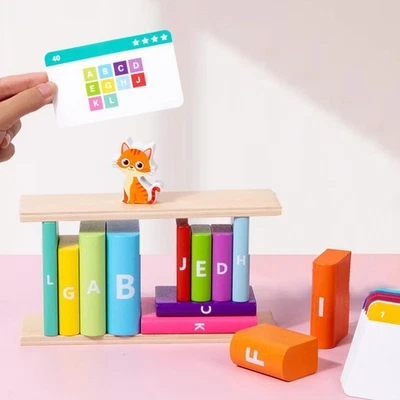 Wooden Building Blocks Set Gift Manipulatives Kids Game Educational with Cat - Image 1 of 4