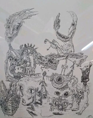 Arte Original Pluma Tinta Surrealista Fantasía Oscura Calavera Ojos Demonio Monstruo Gore Dinosaurio Foto 1 de 4