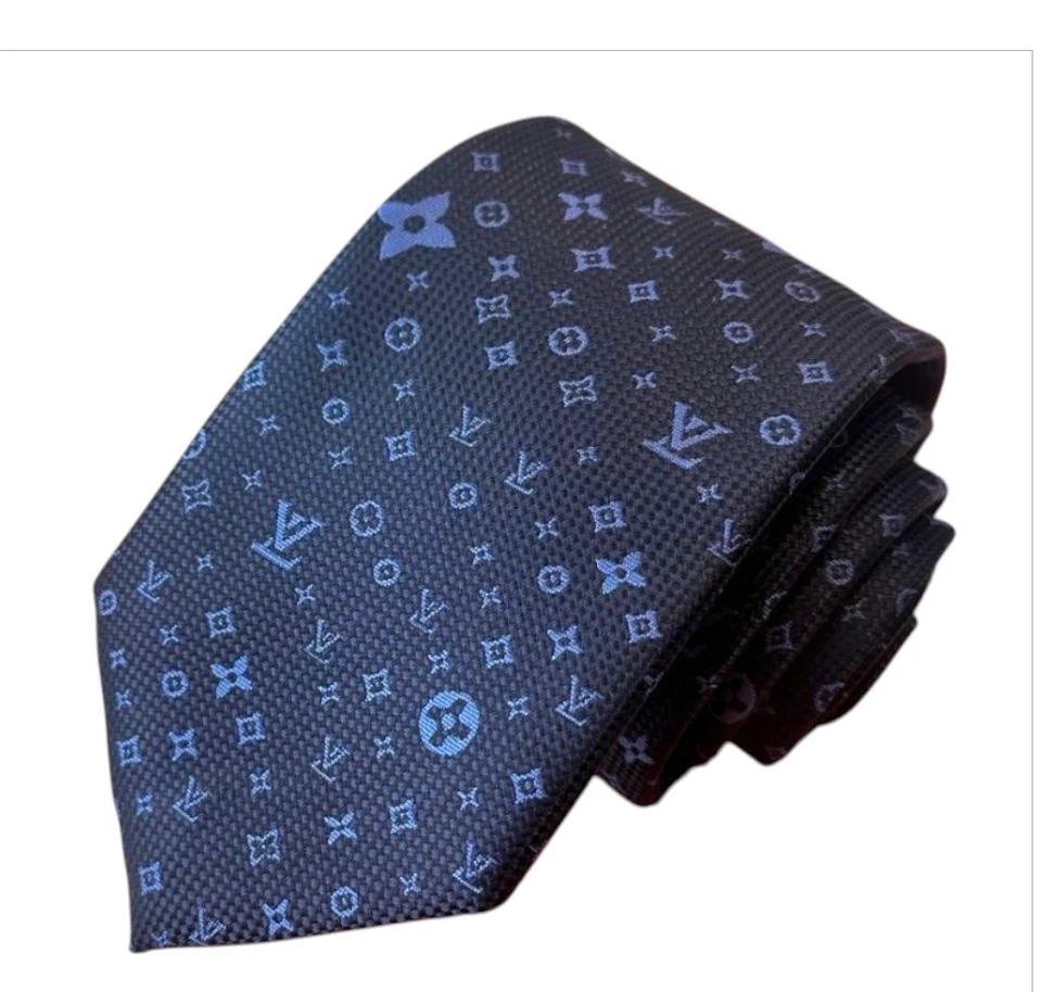 Louis Vuitton 领带丝绸 100% ,lv 花押字领带,深蓝色 Lv 领带  — 第 1/4 张图片