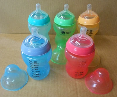 Set of 5 TOMMEE TIPPEE Colorful Anti-Colic Baby Bottles Nipples#1, Rings & Lids - Image 1 of 3