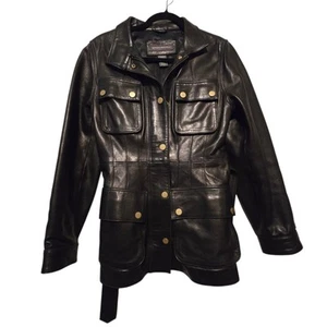 Vtg Banana Republic Women Leather Coat Jacket M Studs Belt Biker Grunge Military - Picture 1 of 18