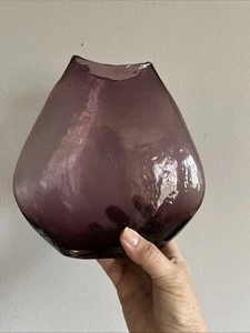 Handblown Amethyst Purple Blown Glass Art Vase Crinkle Glass Round Flat 7” Tall - Picture 1 of 9